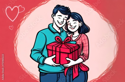 Illustration of a happy couple in love hugging and holding a red gift box with a bow