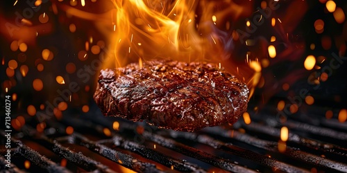 Juicy medium rare steak on the grill, fire, rosemary, wallpaper, background.