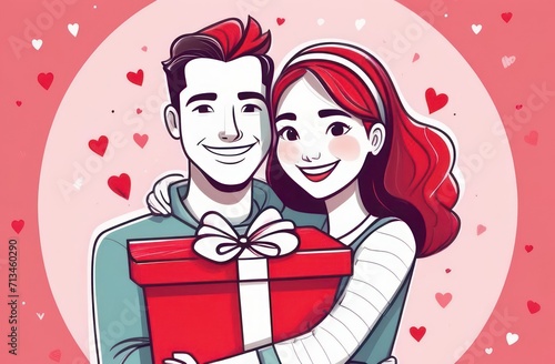 Portrait of a happy smiling young man and woman hugging and holding a red gift box with a bow. Birthday, Valentine's Day concept