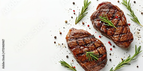 Two soft juicy  steaks of medium rare with spices, rosemary, garlic on a white background, wallpaper, background, template. photo