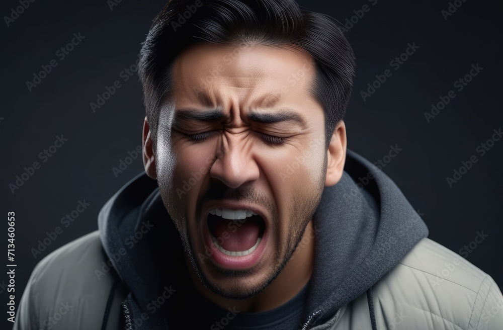 shock and emotional breakdown, depression. upset Asian man screaming, crying on dark grey background shock and emotional breakdown, depression. upset Asian man screaming, crying on dark grey background