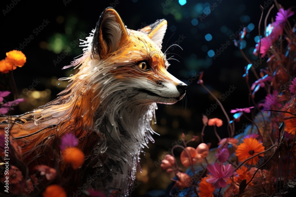  a close up of a painting of a fox in a field of flowers with a bright light in the background.