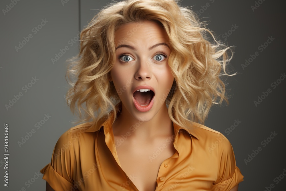A Captivating Image of a Woman in Shock, Mouth Agape and Eyes Wide Open, Against a Single Color Backdrop A Captivating Image of a Woman in Shock, Mouth Agape and Eyes Wide Open, Against a Single Color Backdrop