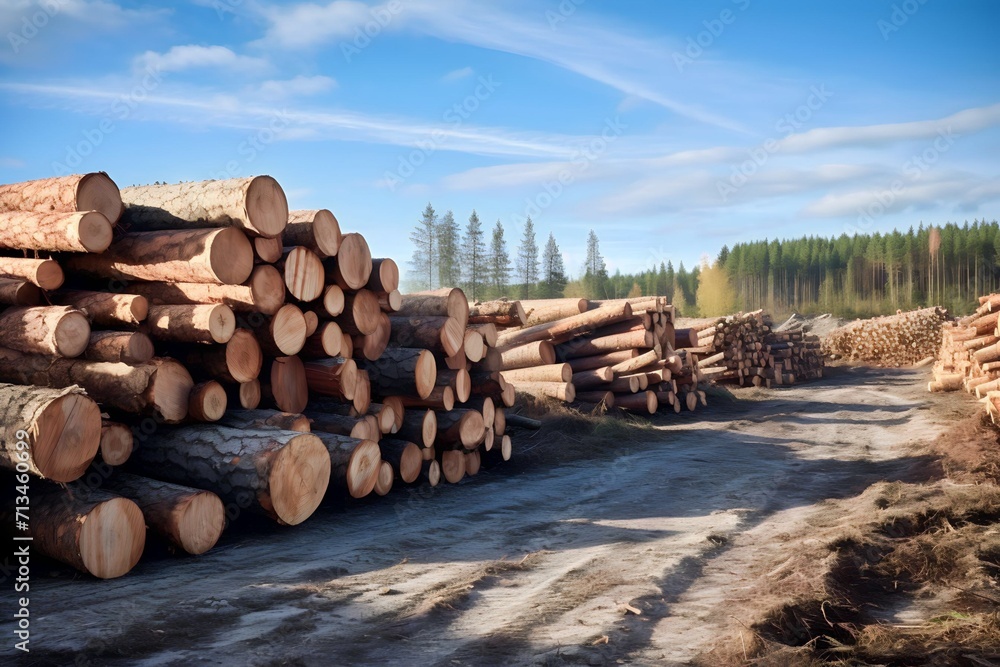 pile of pine tree trunks. Logging industry pile of pine tree trunks. Logging industry