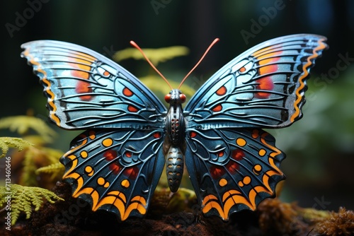  a blue and orange butterfly sitting on top of a moss covered ground in front of a green leafy area.