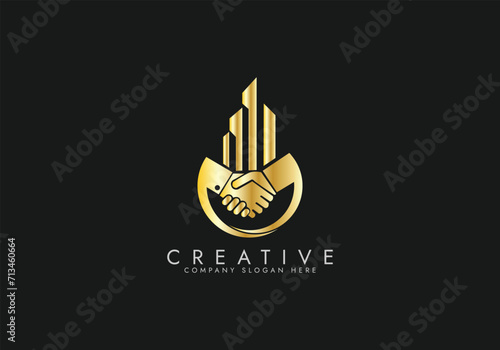 Property business golden logo with handshake vector