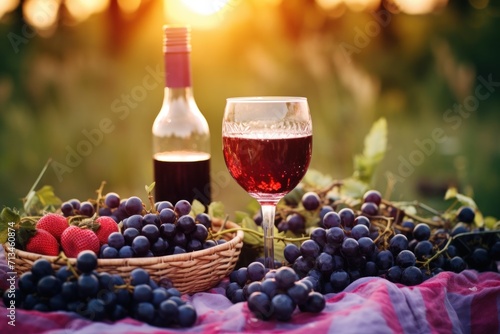  a table topped with a basket of grapes next to a glass of wine and a bottle of wine on top of a table.