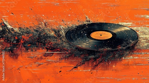 image graphique stylisée représentant un disque en vinyle sur un fond orange. Le disque semble être en mouvement, avec un effet dynamique et flou derrière lui photo