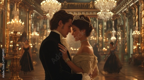 Couple in classic regal ballroom  photo