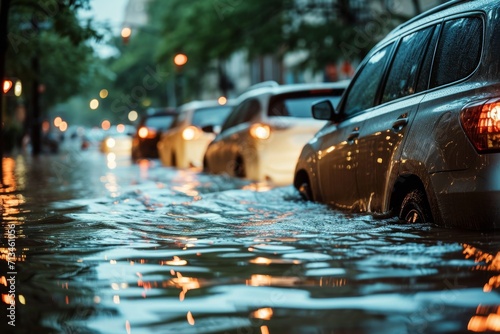 Cars in water after heavy rain and flooding - AI Generated