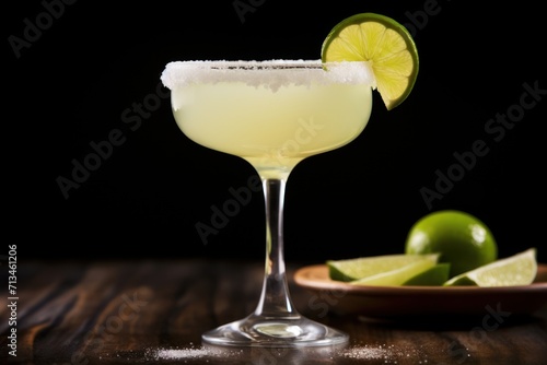  a margarita sitting on top of a wooden table next to a plate of limes and a bowl of limes.