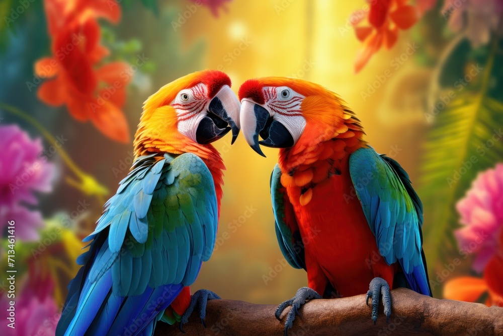  two colorful parrots sitting on a branch in front of a background of colorful flowers and a painting of flowers.