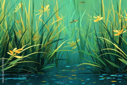 Fotografia a painting of grass and flowers near a body of water with water lillies in the foreground and bees flying in the background