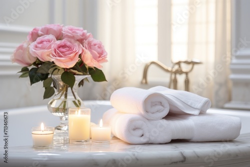  a bouquet of pink roses sitting on top of a bath tub next to a pile of white towels and candles.