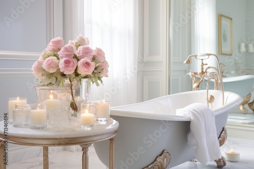  a white bath tub sitting next to a white table with a vase of flowers on top of it next to a candle holder.