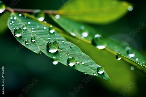 close-up photo of green leaves with large raindrops