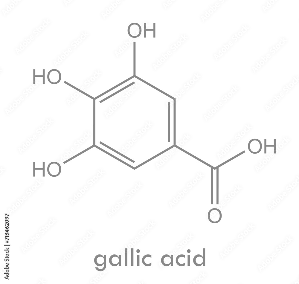 Gallic acid structure. Molecule found in tea leaves, gallnuts, oak, sumac and other plants. Gallic acid structure. Molecule found in tea leaves, gallnuts, oak, sumac and other plants.
