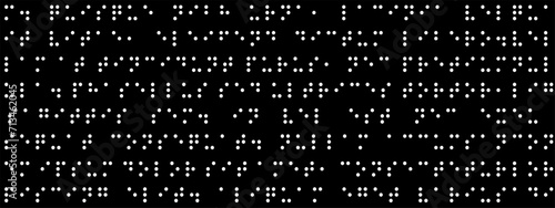 Seamless pattern with white round dots braille text on a black background. International code symbols of alphabet for the blind.