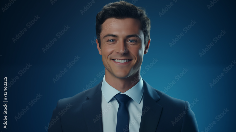 Portrait of a businessman in a blue suit. Man model. Blue background studio. Portrait of a businessman in a blue suit. Man model. Blue background studio.