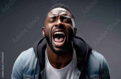 shock and emotional breakdown, depression. upset black man screaming, crying on dark grey background