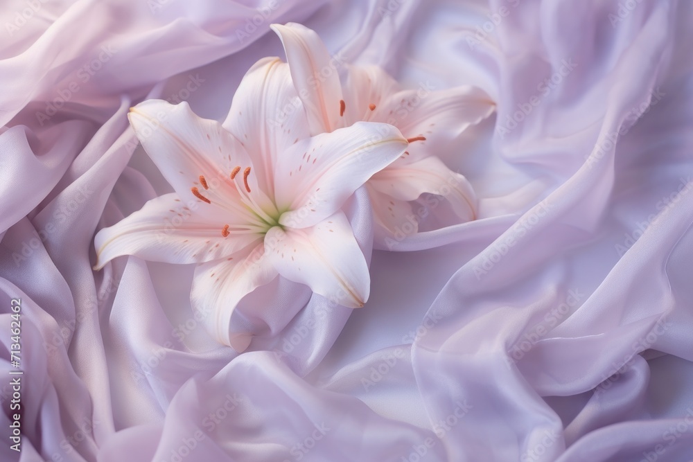  a pink flower sitting on top of a bed covered in a purple comforter next to a white bed sheet.