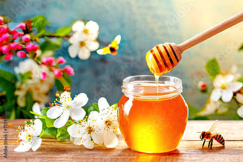 Honigglas mit Holzlöffel und Biene vor Blumenwiese 