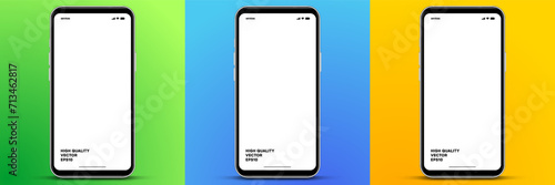 3D realistic high quality smartphone mockup with isolated background. Smart phone mockup collection. Device front view. 3D mobile phone with shadow on white background.