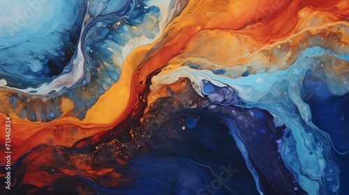 Abstract Blue and Orange Fluid Formation Ink Watercolor Painting Texture Background