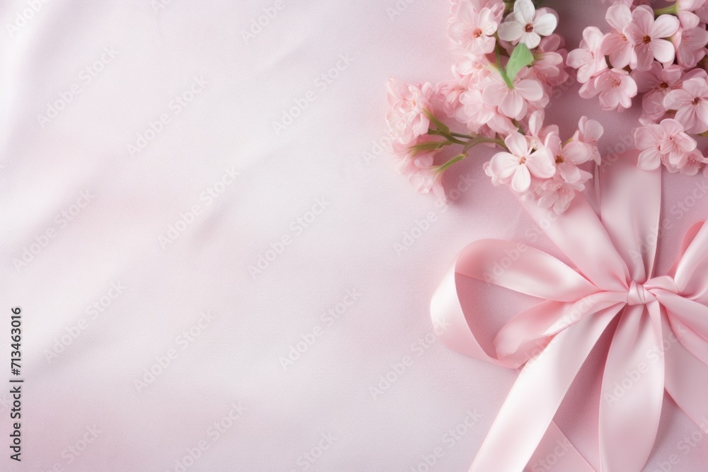  a close up of a pink ribbon and flowers on a white background with a pink bow on the end of the ribbon.