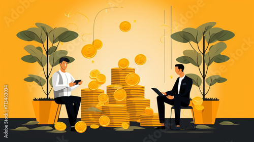 Strategy to grow online investments. 2 people looking at screens with rain of money in the middle