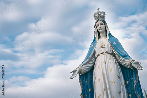 Our lady of grace, blessed Virgin Mary against background of sky with clouds photo