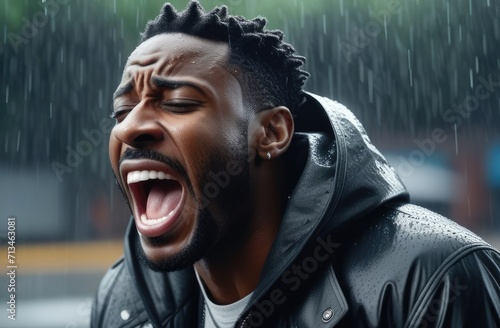 upset black man screaming, crying at street under rain. shock and emotional breakdown, depression.