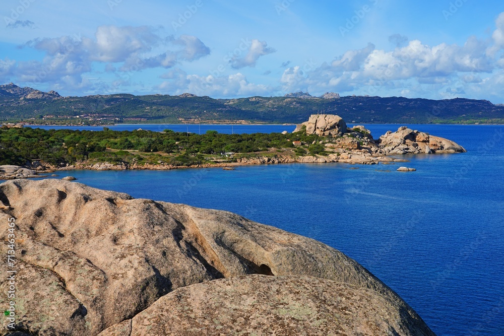 Obraz premium View of the sea and shoreline near Baja Sardinia on the (Emerald Coast), an exclusive coastal destination in Northern Sardinia on the Tyrrhenian Sea