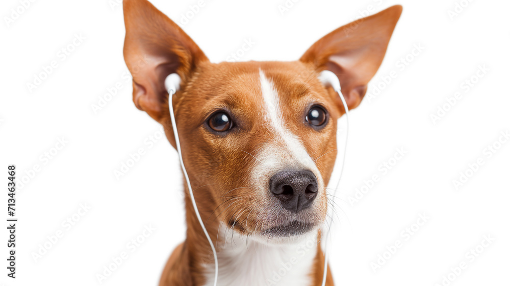 Adorable basenji dog in black, music in her headphones, close up shot isolated on white