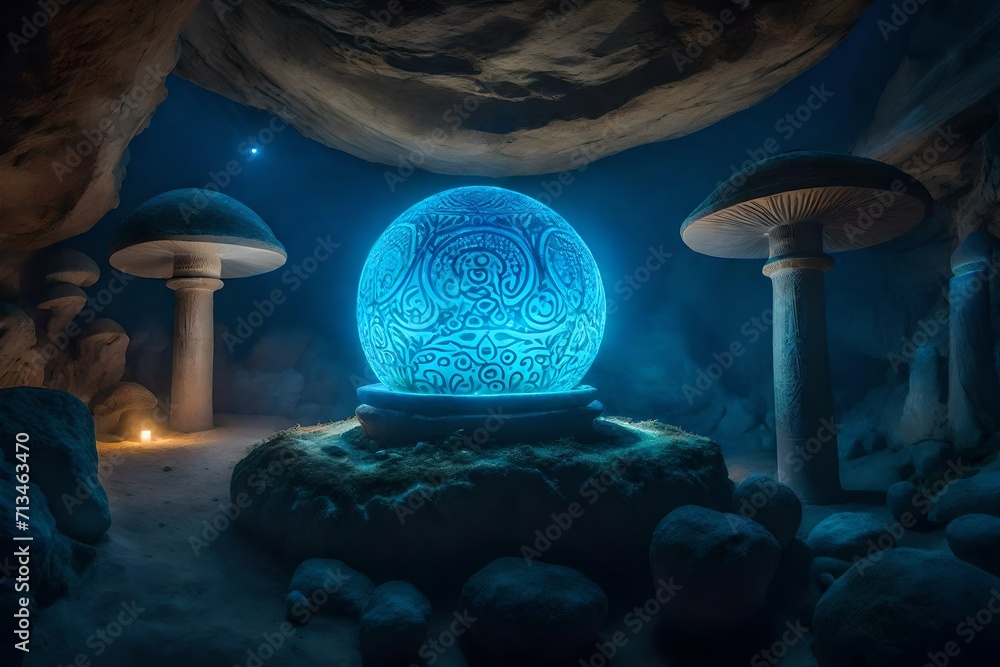 The orb rests atop an ancient stone pedestal in a hidden cavern, Stock ...