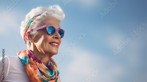 Older woman with pink sunglasses, looking at the horizon, with a lot of vitality. background sky
