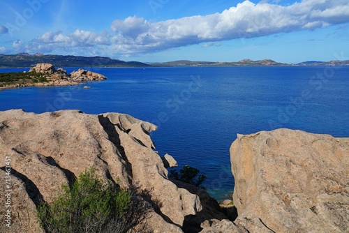 View of the sea and shoreline near Baja Sardinia on the Costa Smeralda  Emerald Coast   an exclusive coastal destination in Northern Sardinia on the Tyrrhenian Sea