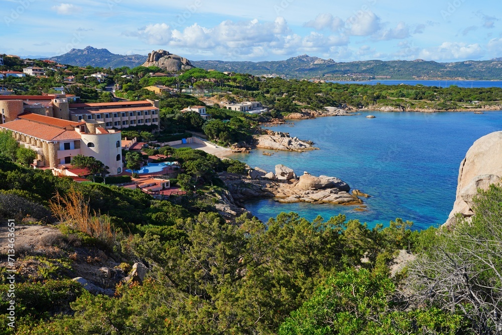 View of the sea and shoreline near Baja Sardinia on the Costa Smeralda (Emerald Coast), an exclusive coastal destination in Northern Sardinia on the Tyrrhenian Sea