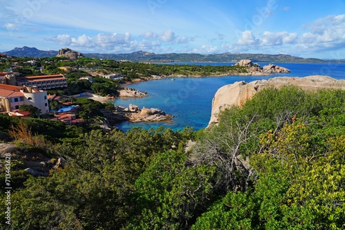 View of the sea and shoreline near Baja Sardinia on the Costa Smeralda (Emerald Coast), an exclusive coastal destination in Northern Sardinia on the Tyrrhenian Sea © eqroy