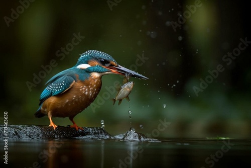 Kingfisher catching fish in Dutch forest. Generative AI © Sofia