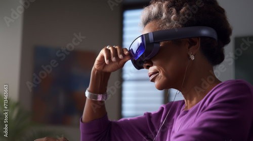 Senior African American adult woman with an active lifestyle and uses the newest technology.
