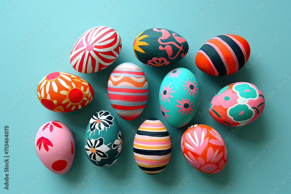 A vibrant assortment of painted Easter eggs featuring various patterns and designs, laid out on a turquoise background.