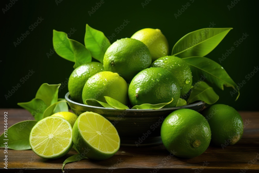 a bowl of limes on a table with leaves and limes in front of a bowl of limes. a bowl of limes on a table with leaves and limes in front of a bowl of limes.