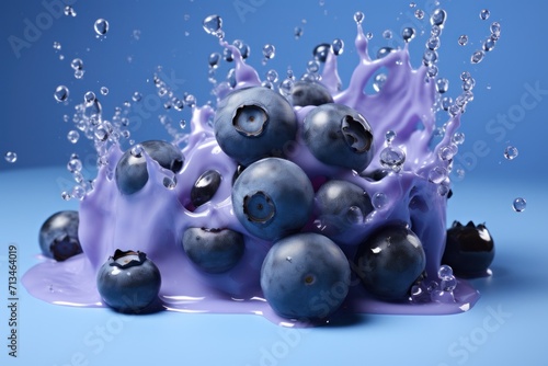  a pile of blueberries sitting on top of a purple liquid filled with blueberries on top of a blue surface.