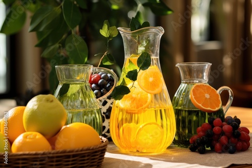  a table topped with vases filled with fruit next to a basket of oranges and a basket of grapes.