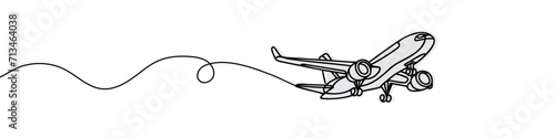 Continuous line drawing of a flying airplane.