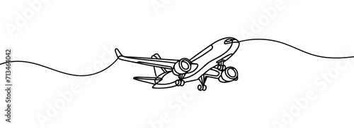 Continuous line drawing of a flying airplane.