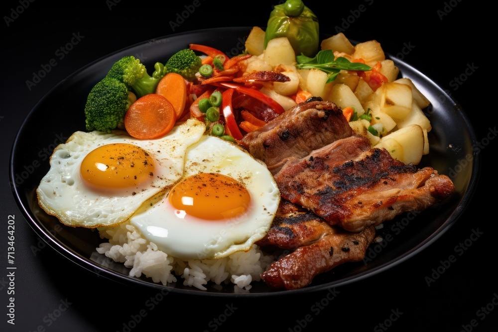 a close up of a plate of food with meat, eggs, rice, broccoli and carrots. a close up of a plate of food with meat, eggs, rice, broccoli and carrots.