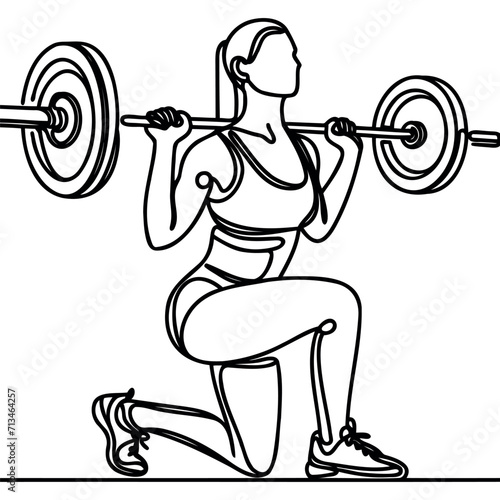 Single continuous line drawing of a young girl with a barbell in the gym