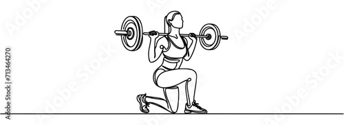 Single continuous line drawing of a young girl with a barbell in the gym